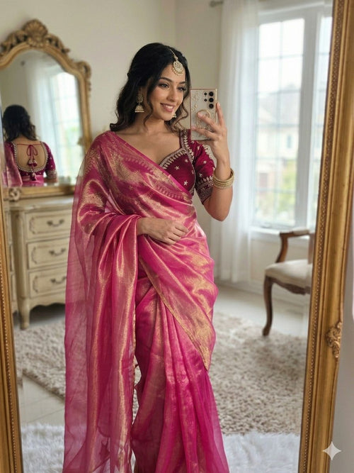 HOT PINK SPACE SILK SAREE WITH DESGINER SITCHED BLOUSE