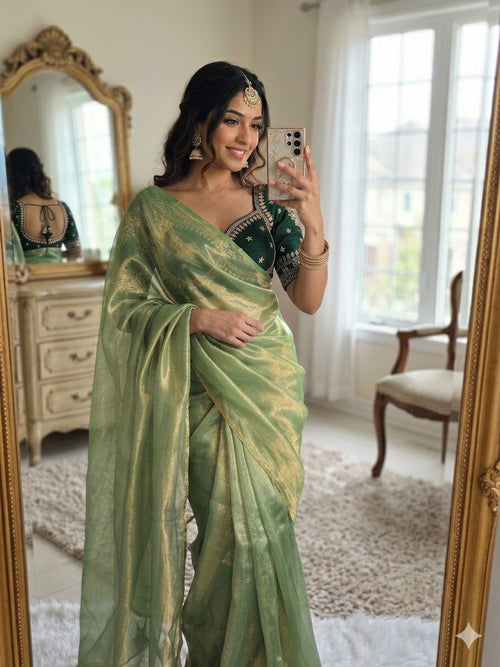 BOTTLE GREEN SPACE SILK SAREE WITH DESGINER SITCHED BLOUSE