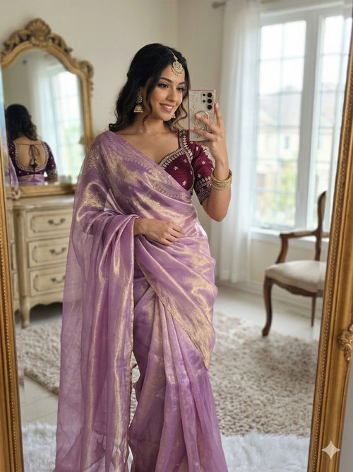 LAVANDER SPACE SILK SAREE WITH DESGINER SITCHED BLOUSE