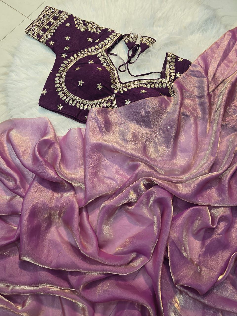 LAVANDER SPACE SILK SAREE WITH DESGINER SITCHED BLOUSE