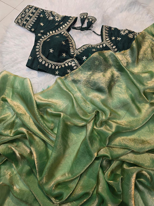 BOTTLE GREEN SPACE SILK SAREE WITH DESGINER SITCHED BLOUSE