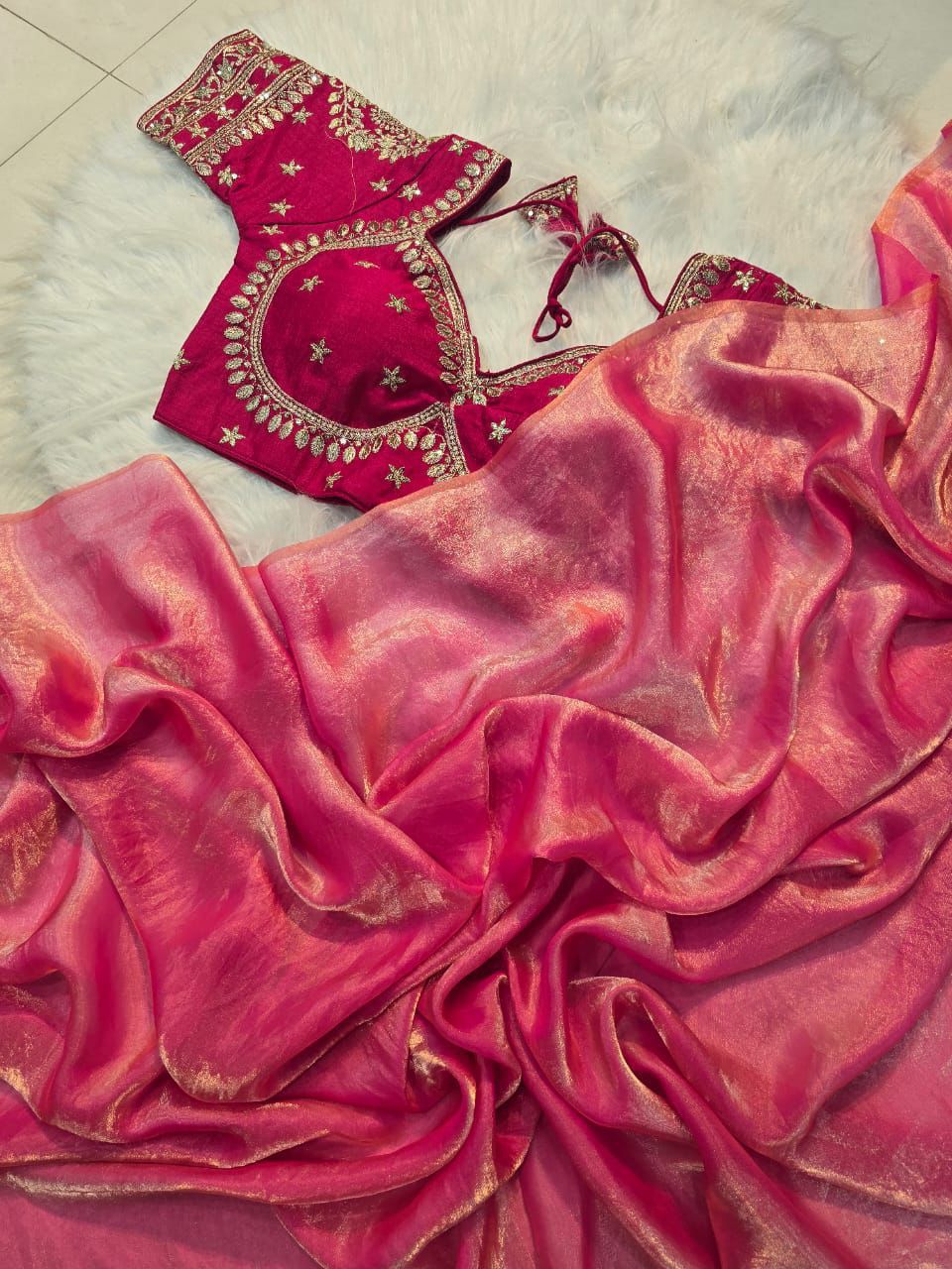 HOT PINK SPACE SILK SAREE WITH DESGINER SITCHED BLOUSE