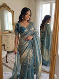 LIGHT GREY SPACE SILK SAREE WITH DESGINER SITCHED BLOUSE