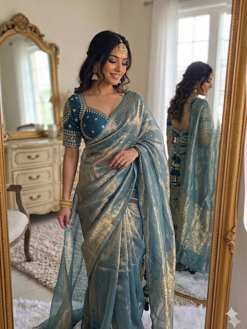 LIGHT GREY SPACE SILK SAREE WITH DESGINER SITCHED BLOUSE