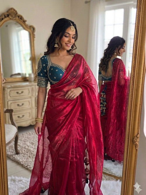 DARK PNK SPACE SILK SAREE WITH DESGINER SITCHED BLOUSE