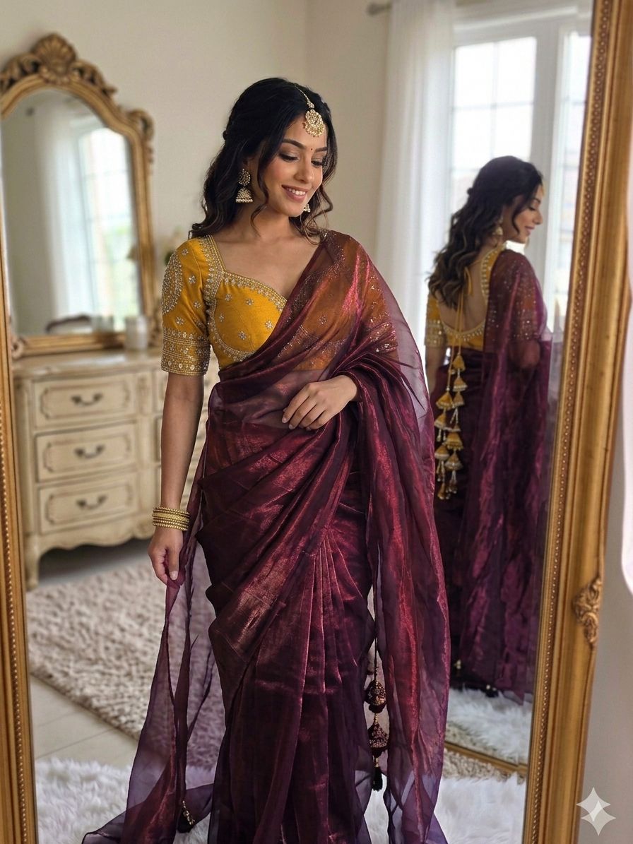 DARK MARRON SPACE SILK SAREE WITH DESGINER SITCHED BLOUSE
