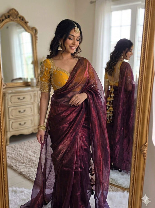 DARK MARRON SPACE SILK SAREE WITH DESGINER SITCHED BLOUSE
