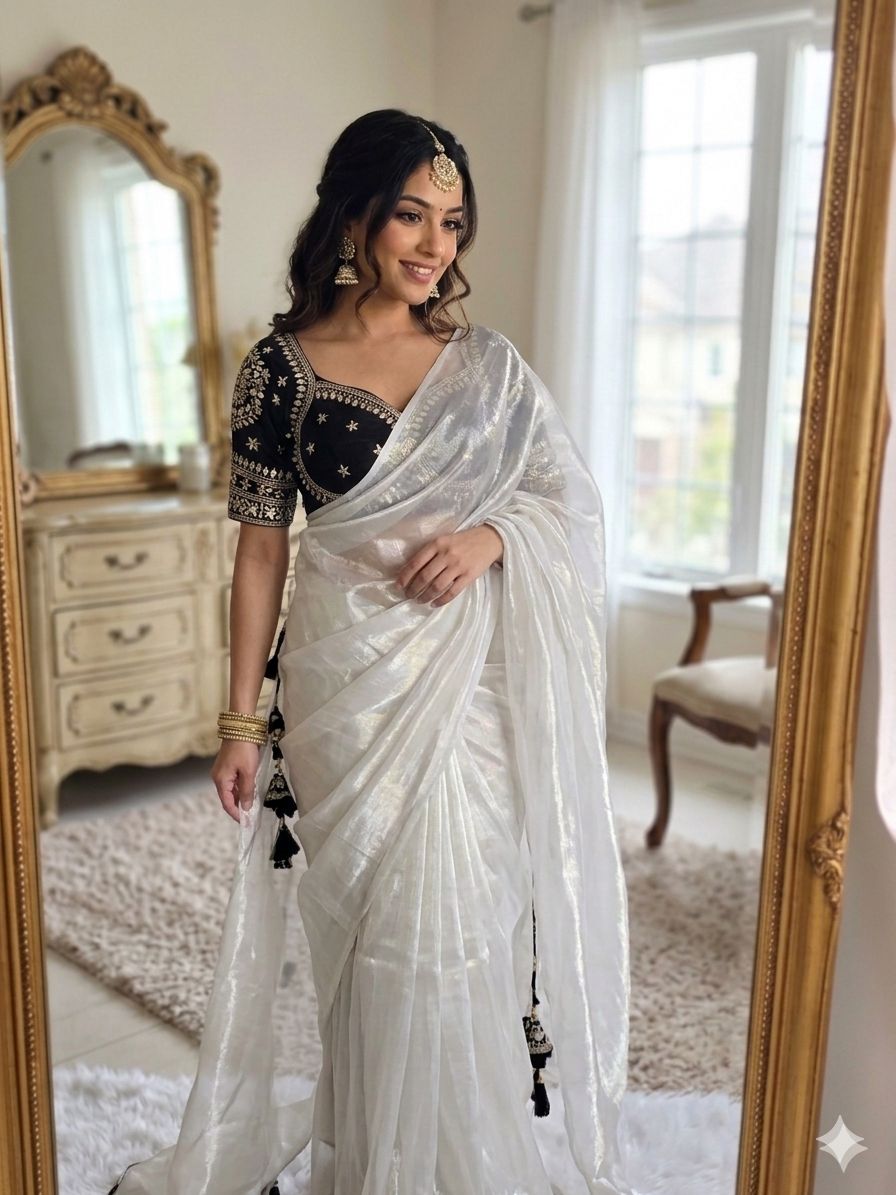 WHITE SPACE SILK SAREE WITH DESGINER SITCHED BLOUSE