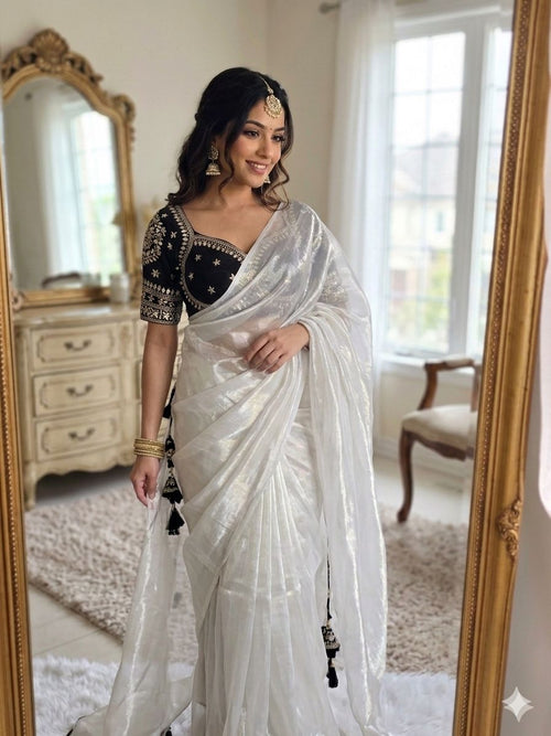 WHITE SPACE SILK SAREE WITH DESGINER SITCHED BLOUSE