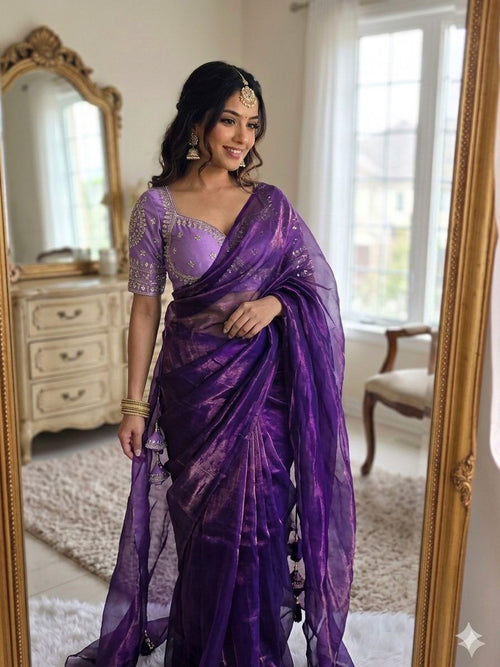 PURPLE SPACE SILK SAREE WITH DESGINER SITCHED BLOUSE