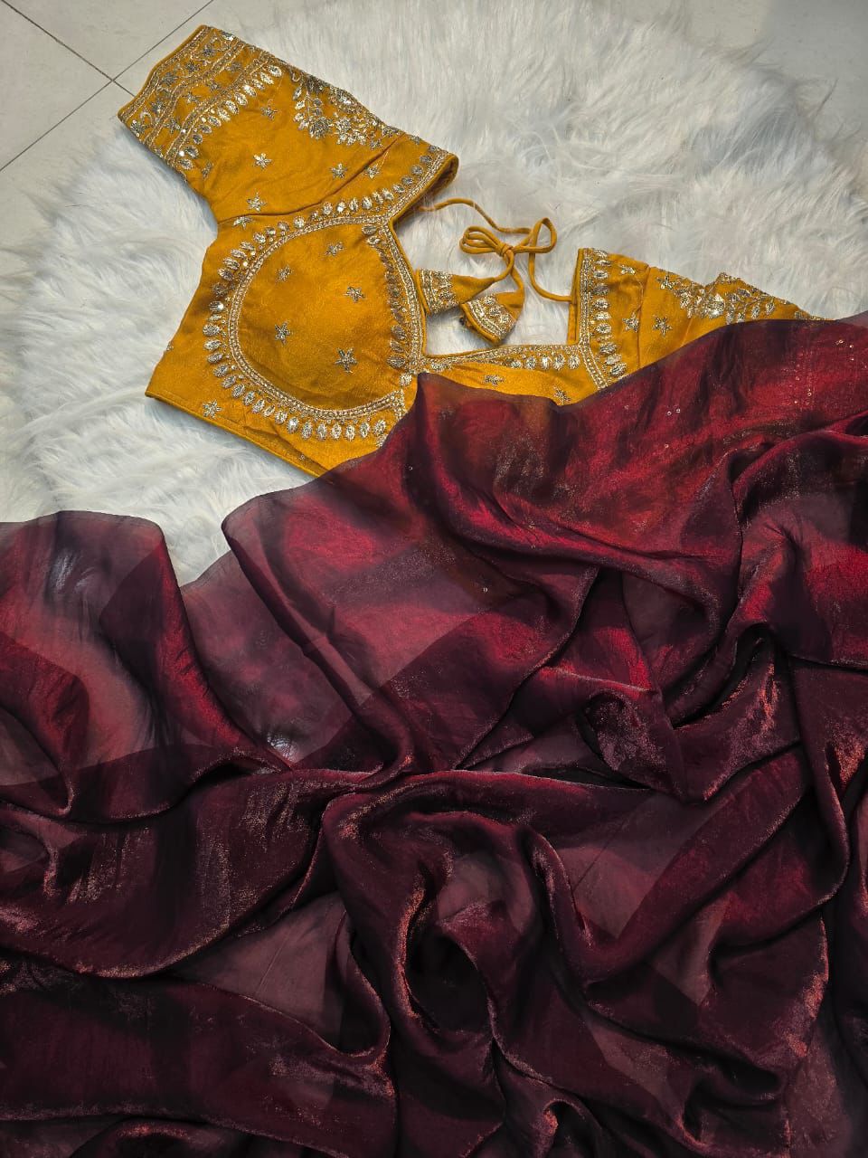 DARK MARRON SPACE SILK SAREE WITH DESGINER SITCHED BLOUSE