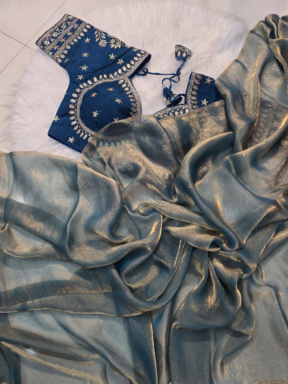 LIGHT GREY SPACE SILK SAREE WITH DESGINER SITCHED BLOUSE