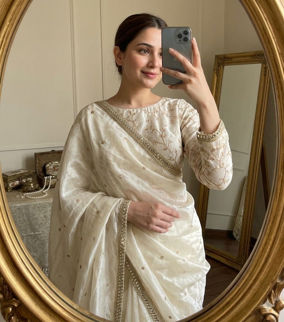 Off White Space Silk Multi Sequence Full Worked Saree