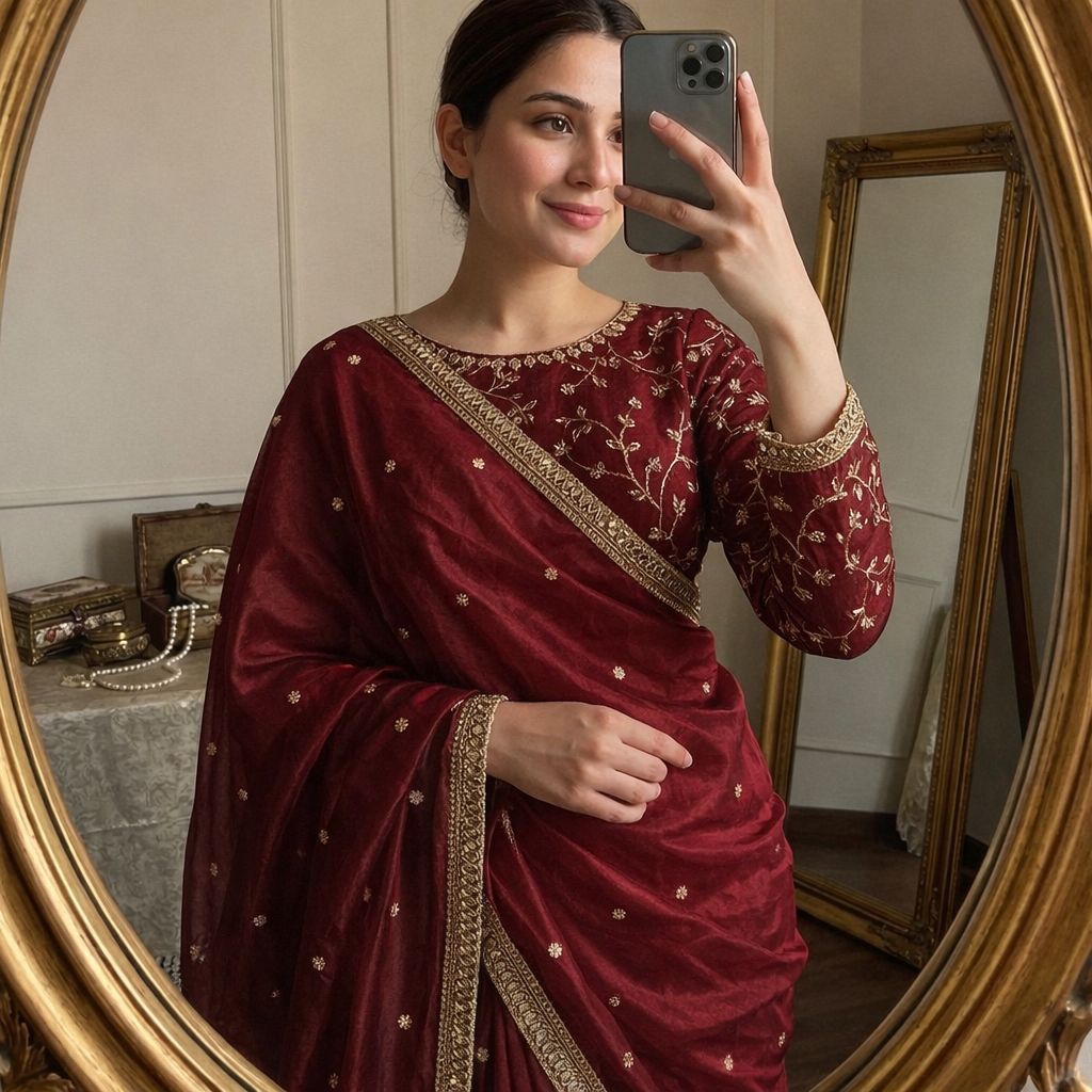 Maroon Space Silk Multi Sequence Full Worked Saree