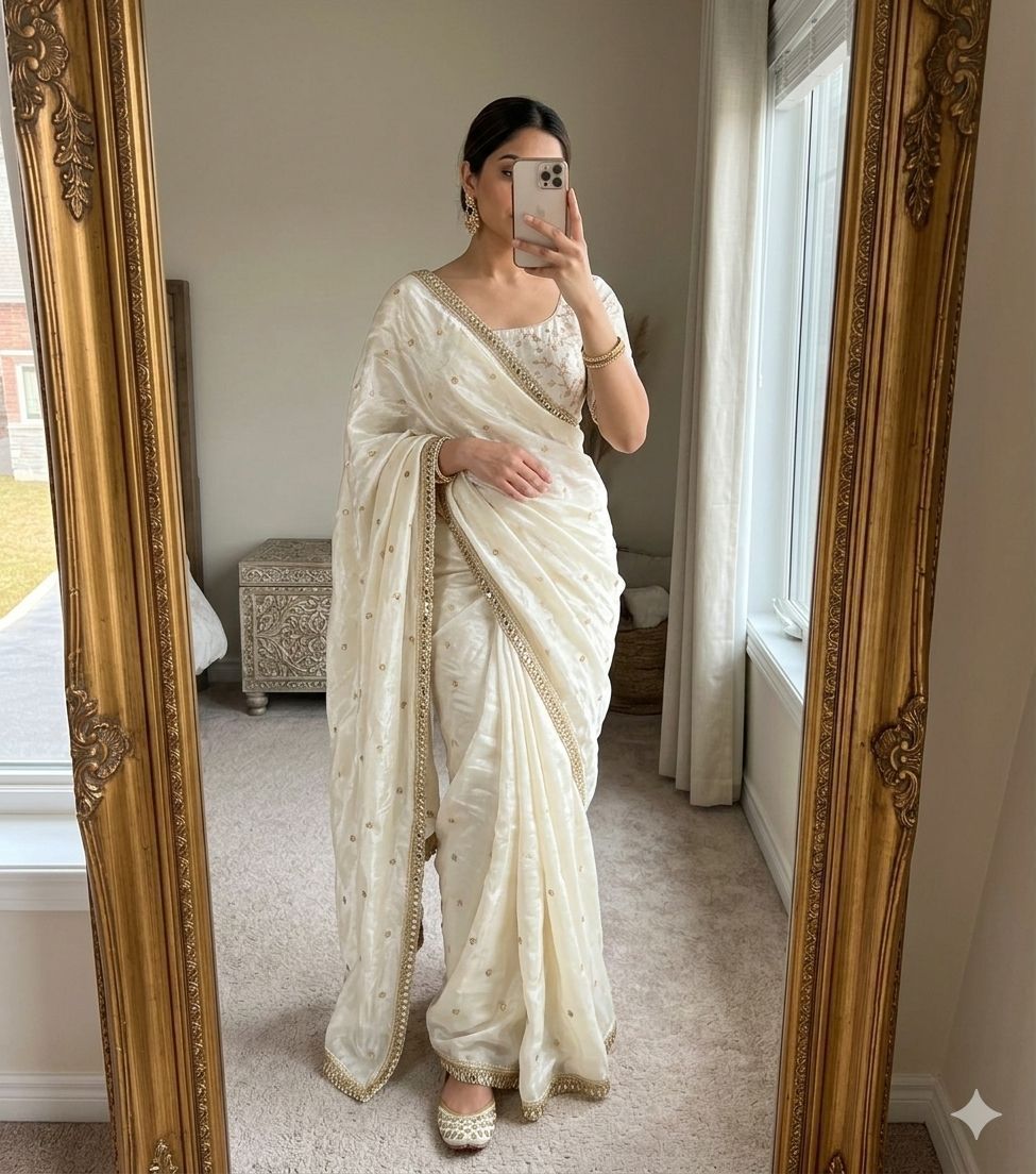 Off White Space Silk Multi Sequence Full Worked Saree