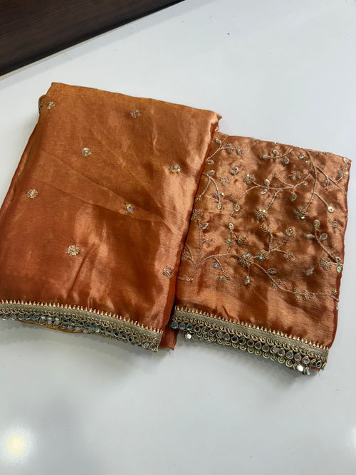 Ginger Orange Space Silk Multi Sequence Full Worked Saree