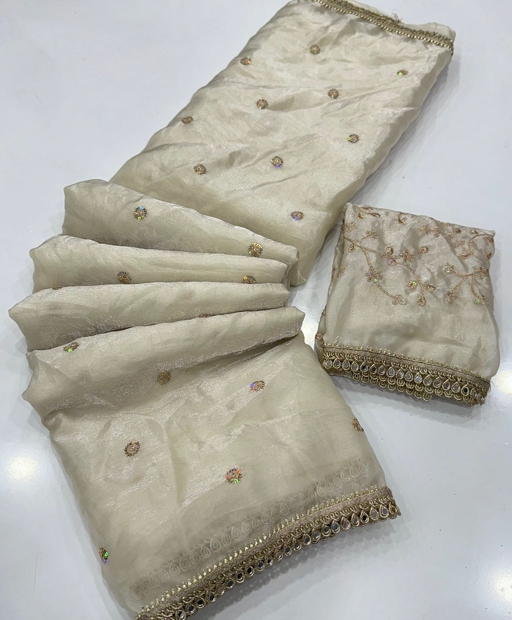 Off White Space Silk Multi Sequence Full Worked Saree
