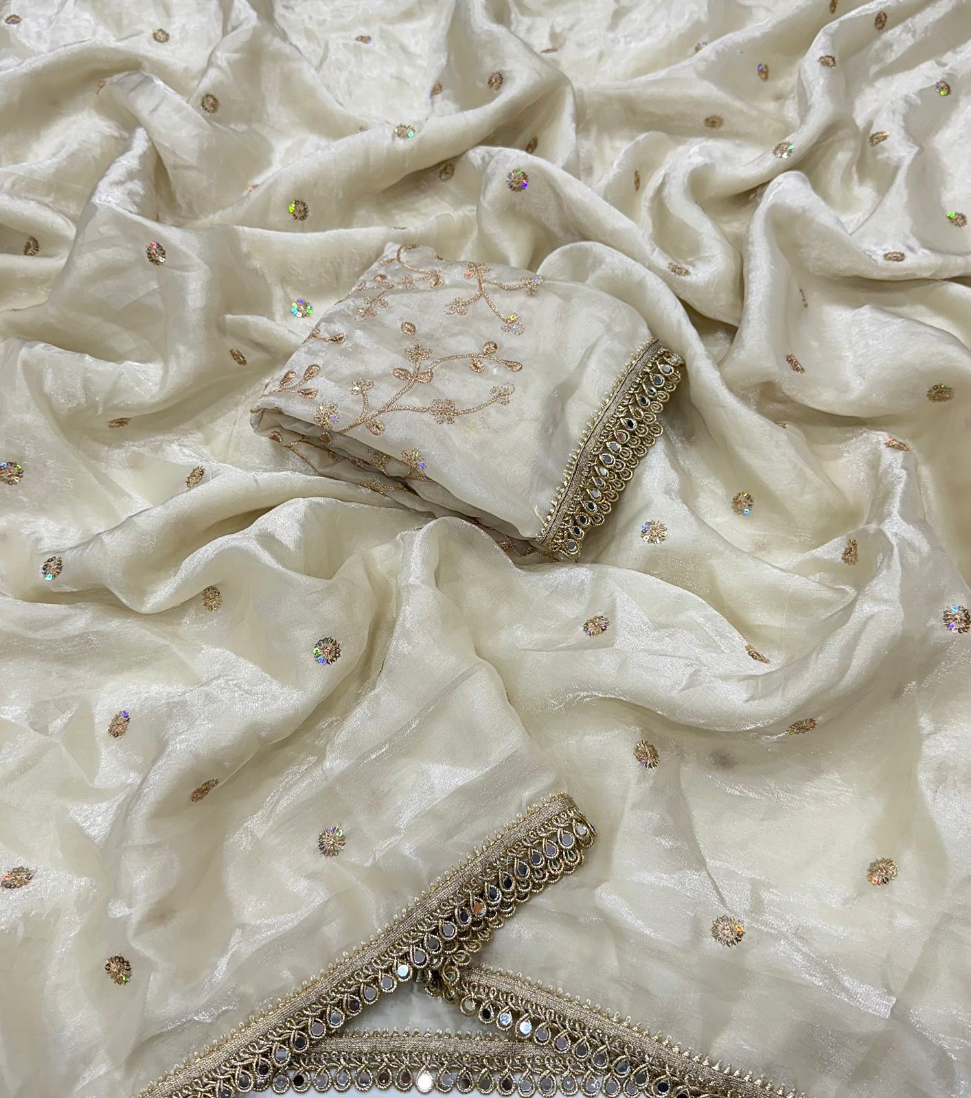 Off White Space Silk Multi Sequence Full Worked Saree
