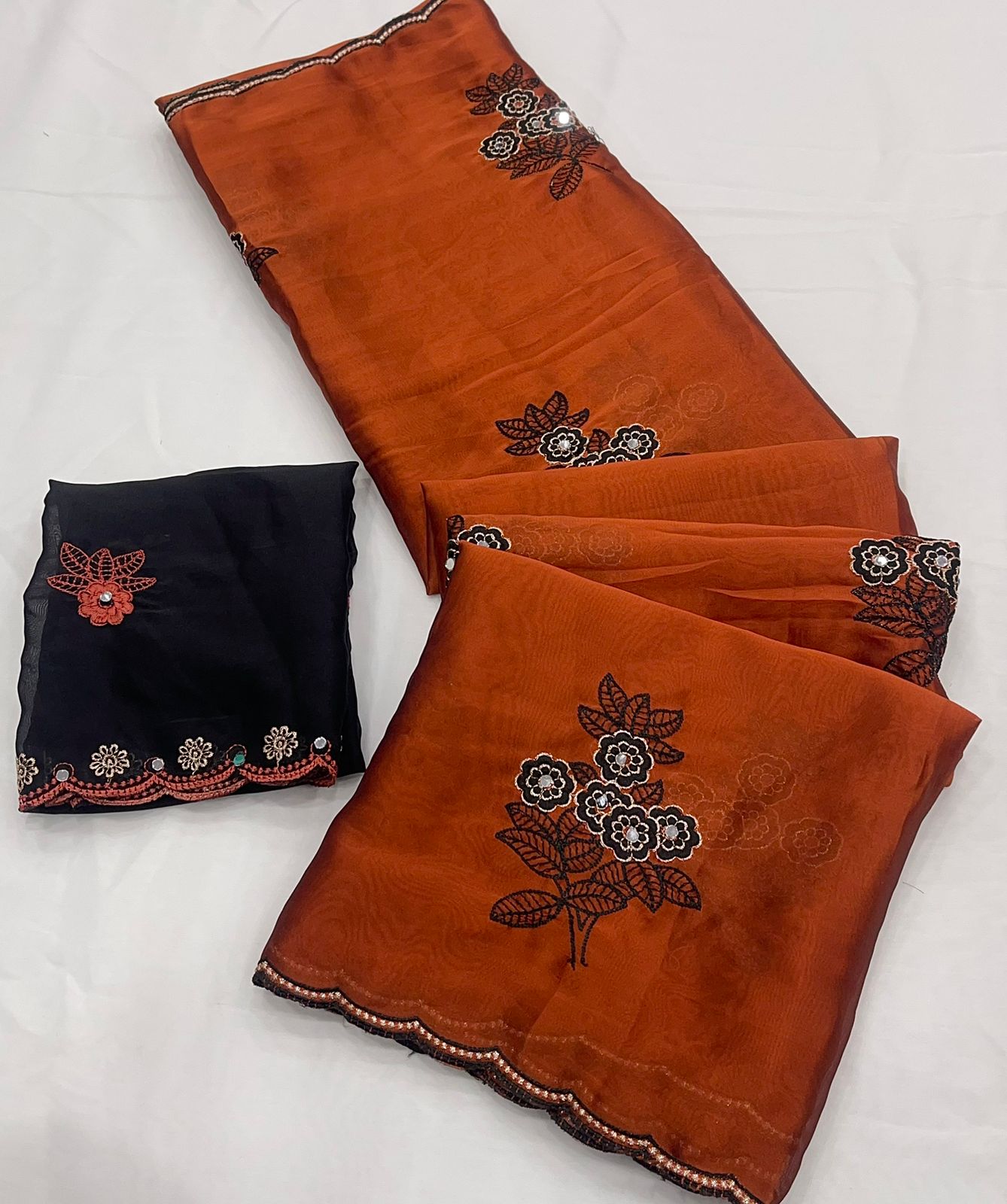Burnt Orange Rangoli silk saree with embroidery work