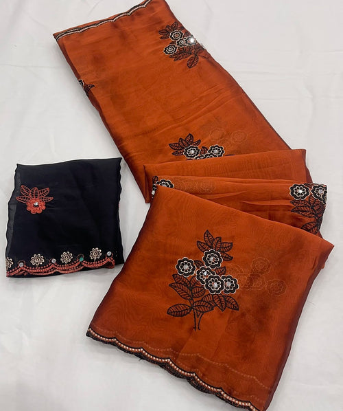 Burnt Orange Rangoli silk saree with embroidery work