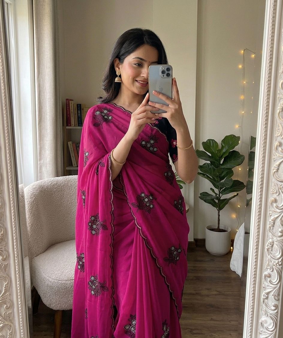 Deep Pink Rangoli silk saree with embroidery work
