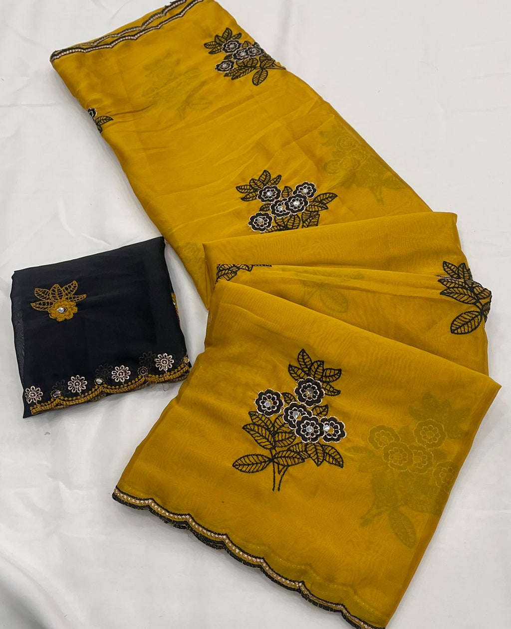 Mustard Yellow Rangoli silk saree with embroidery work