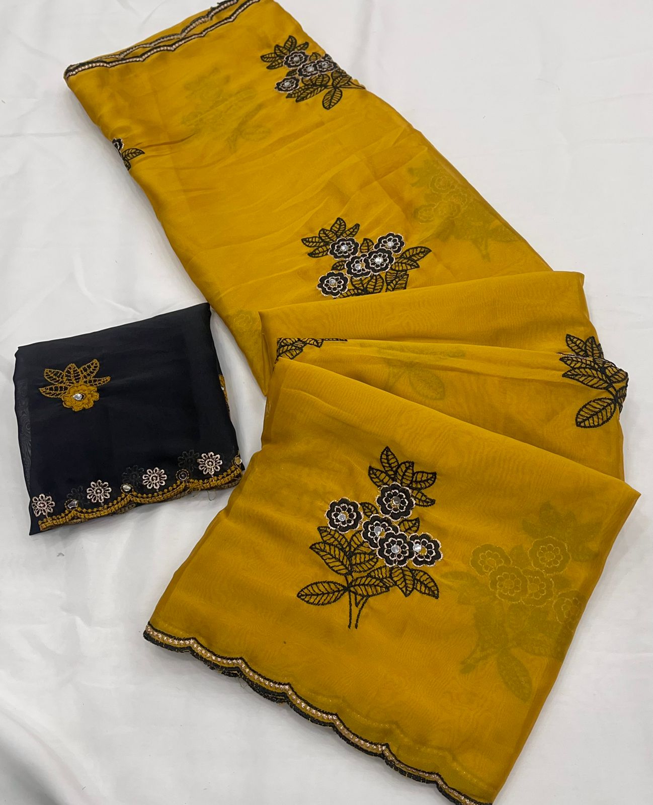 Mustard Yellow Rangoli silk saree with embroidery work