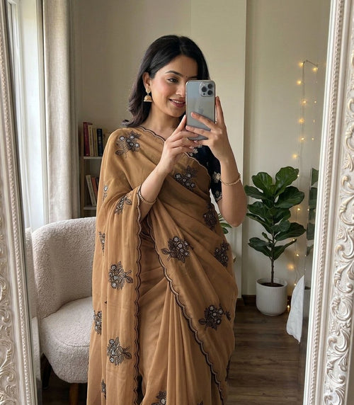 Mocha Brown Rangoli silk saree with embroidery work
