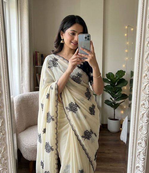Off - White Rangoli silk saree with embroidery work