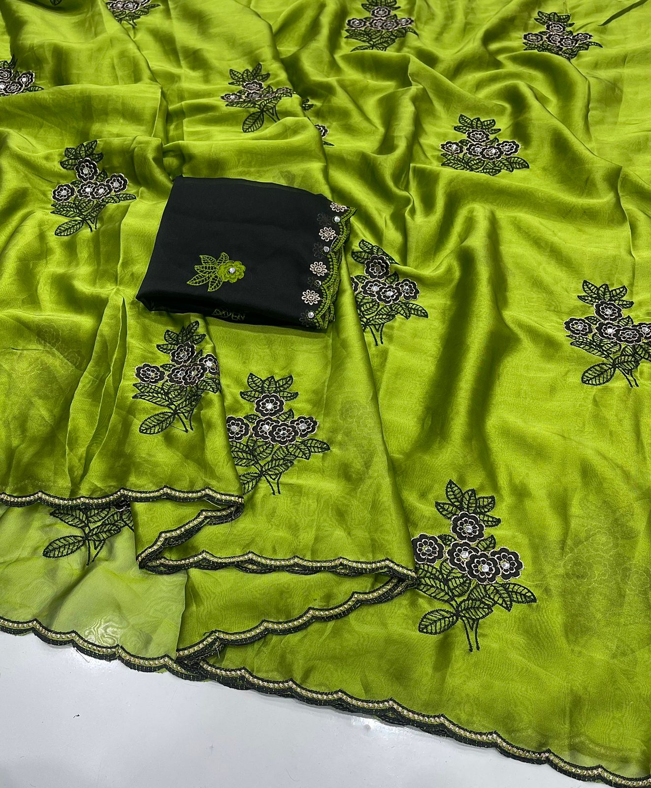 Lime Green Rangoli silk saree with embroidery work