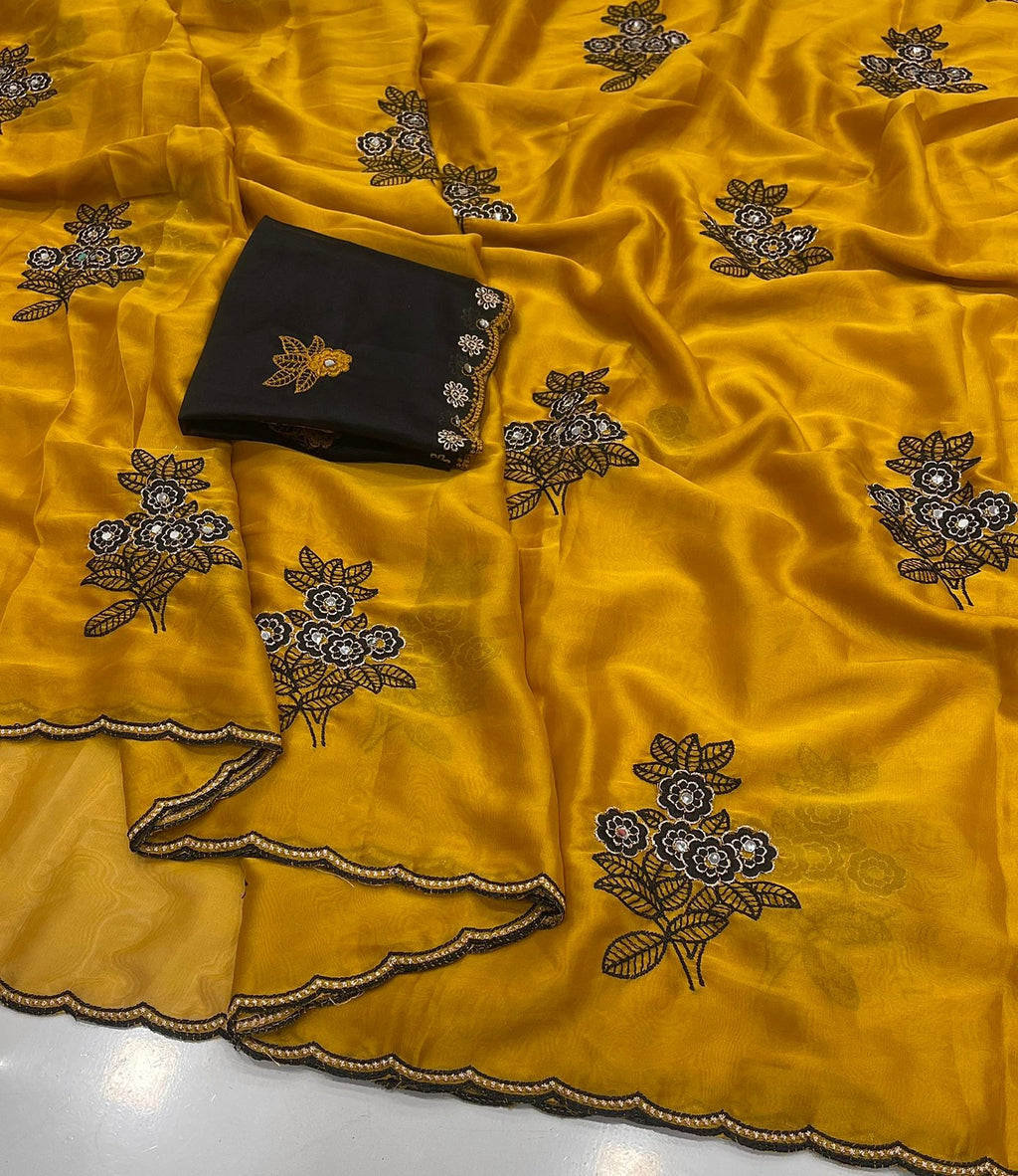 Mustard Yellow Rangoli silk saree with embroidery work