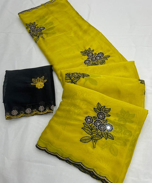 Lime Yellow Rangoli silk saree with embroidery work