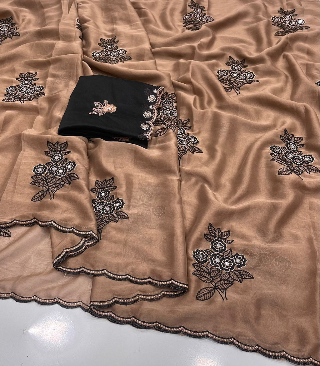 Mocha Brown Rangoli silk saree with embroidery work