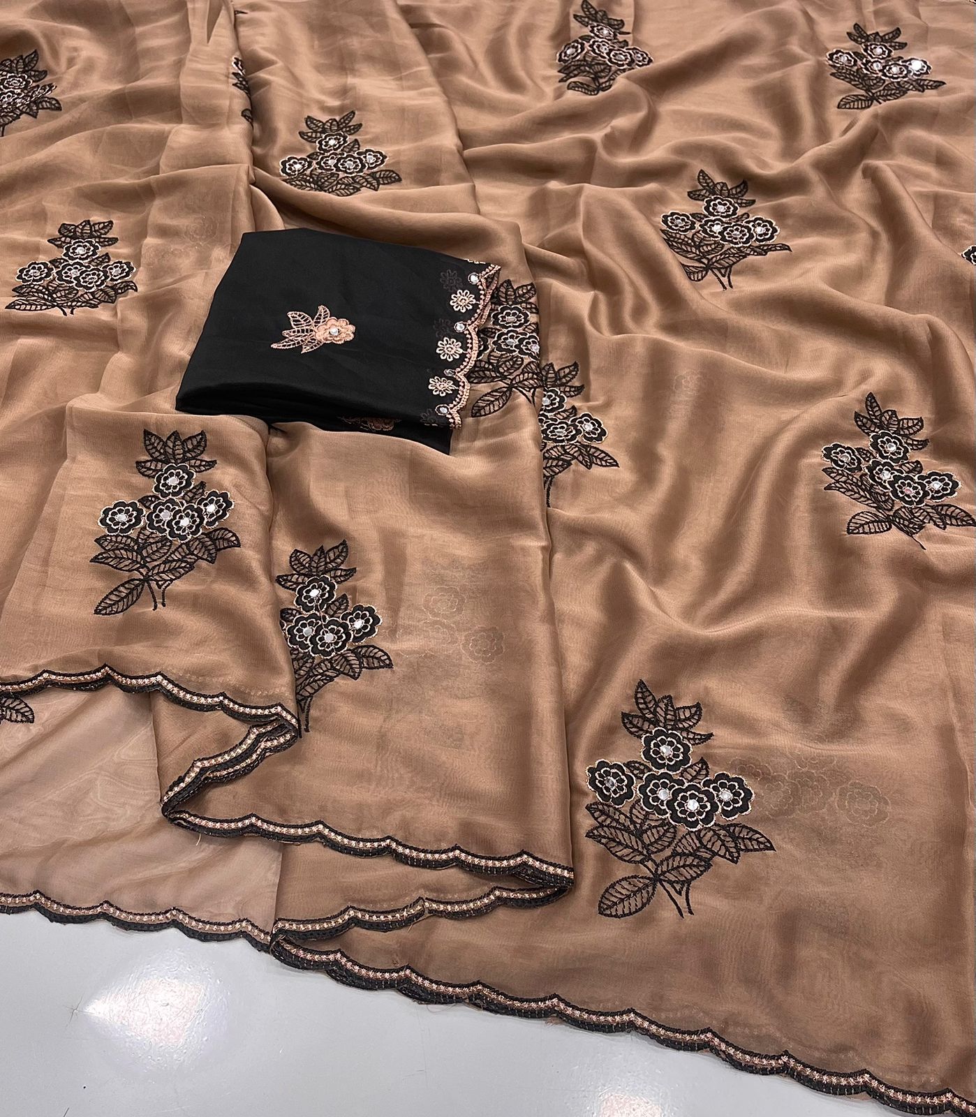 Mocha Brown Rangoli silk saree with embroidery work