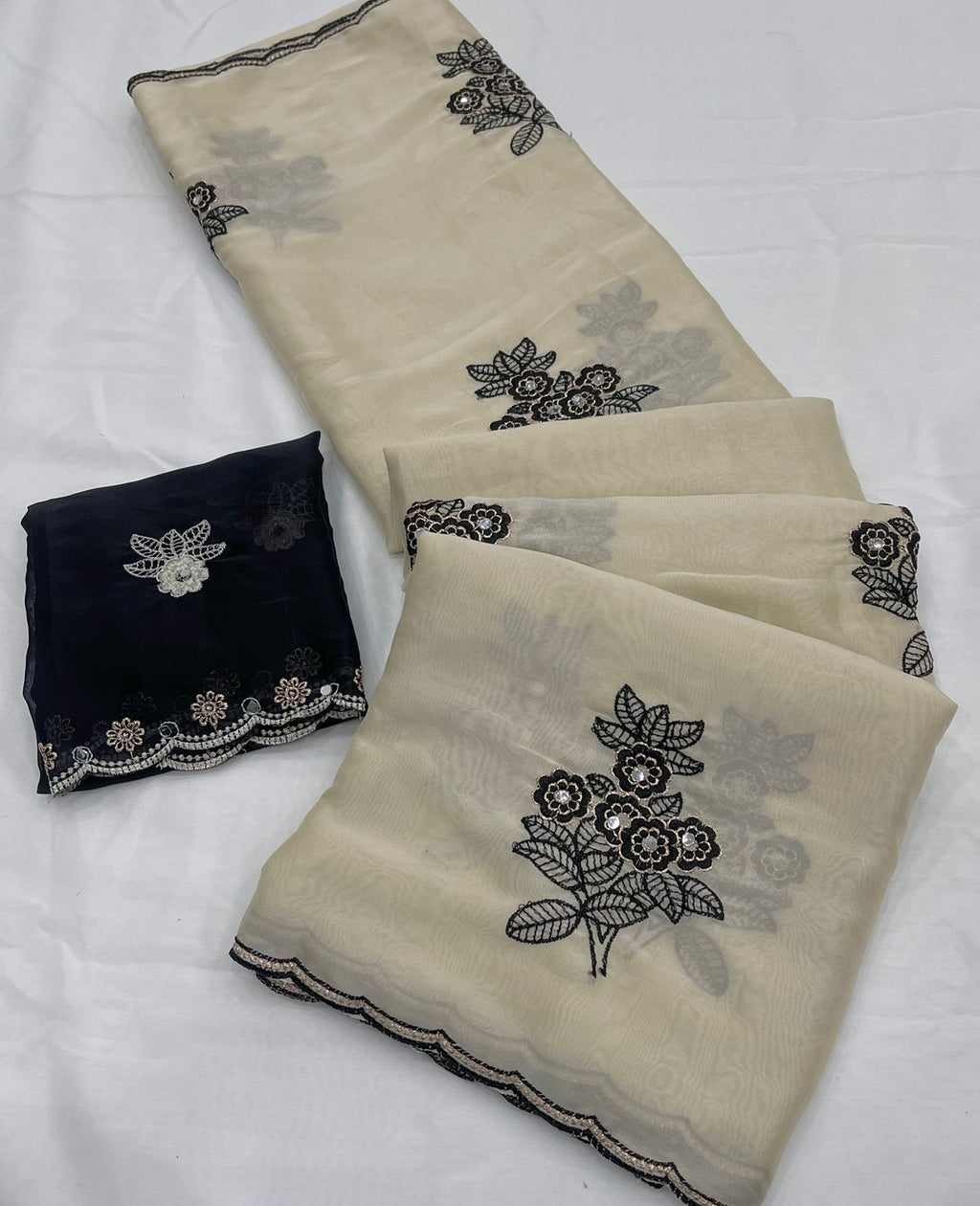 Off - White Rangoli silk saree with embroidery work