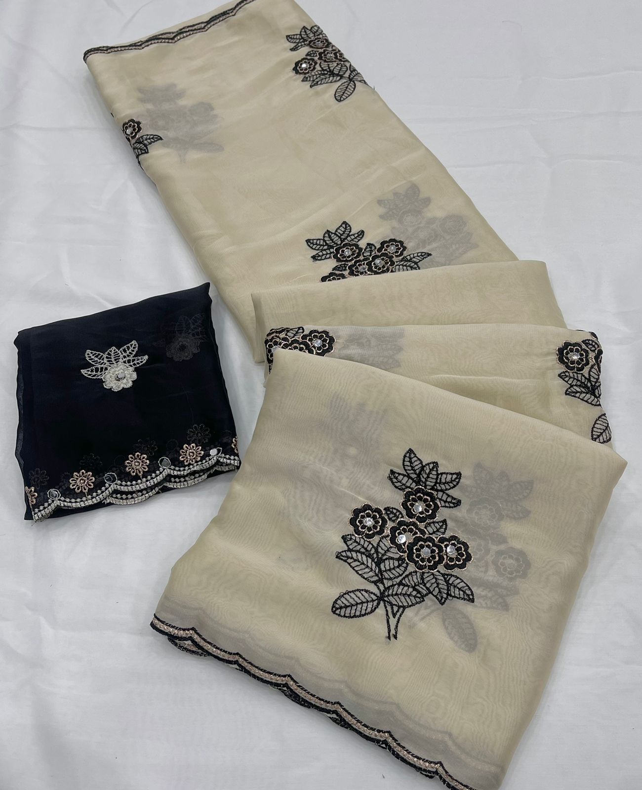 Off - White Rangoli silk saree with embroidery work