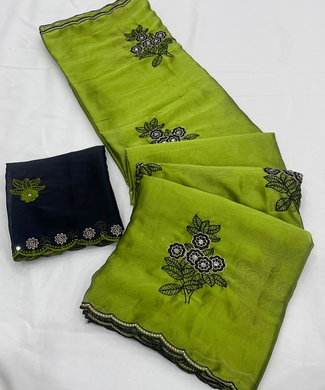 Lime Green Rangoli silk saree with embroidery work