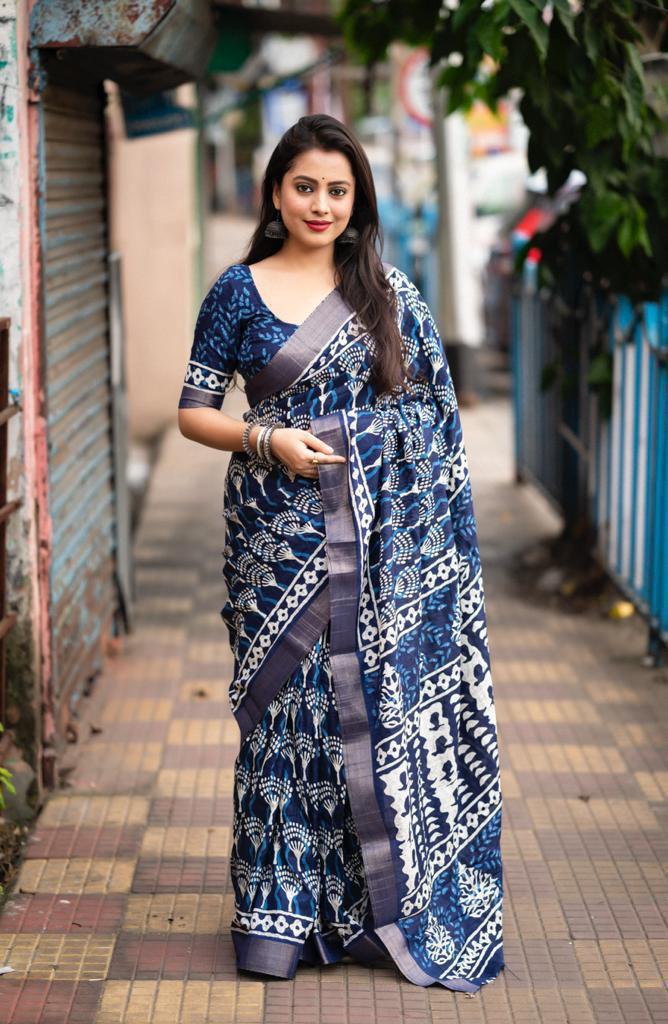 Indigo Slub silk batik saree