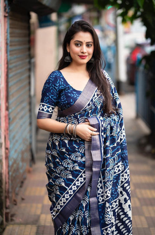 Indigo Slub silk batik saree
