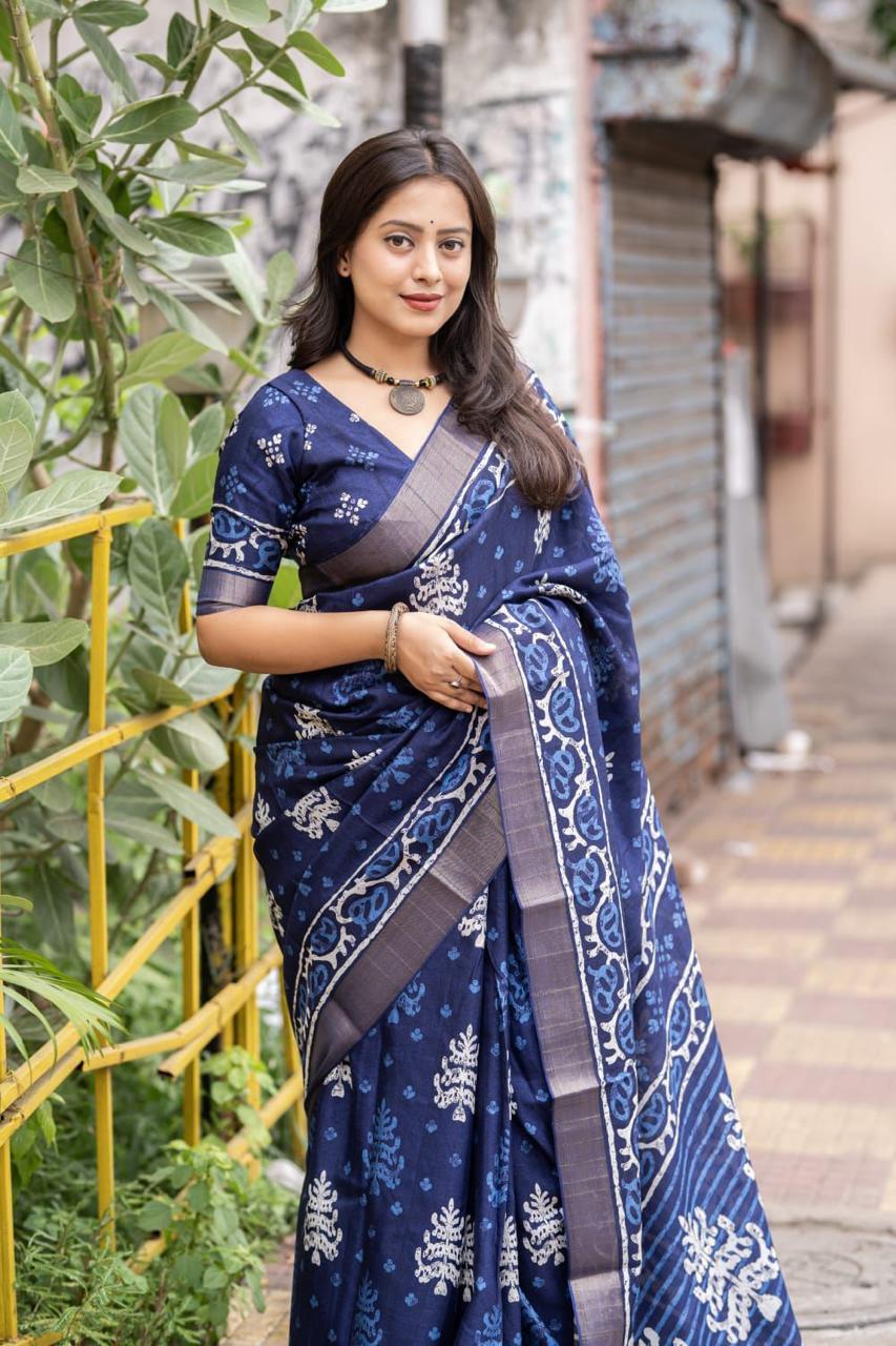 Indigo Slub silk batik saree