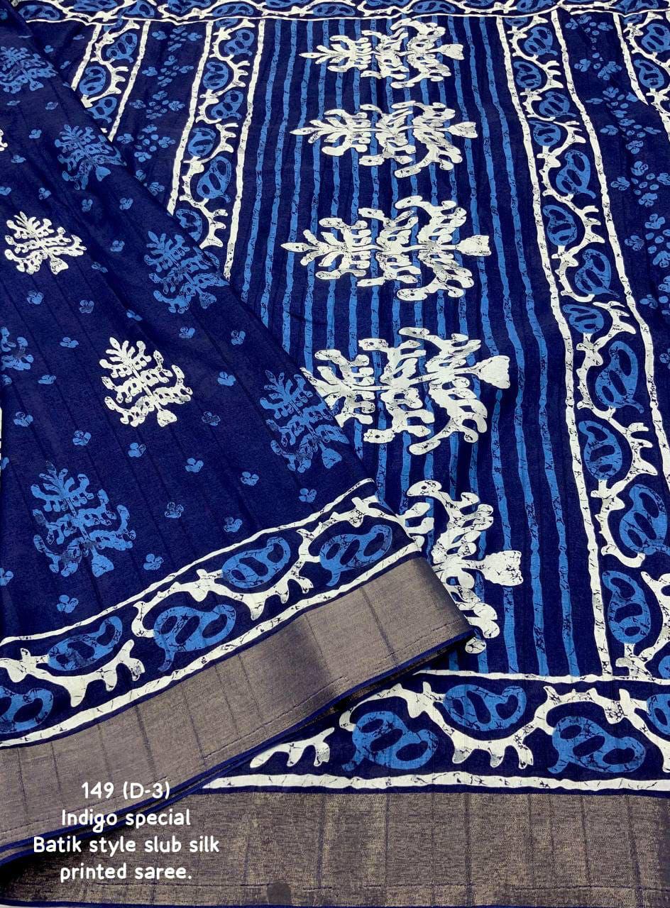 Indigo Slub silk batik saree