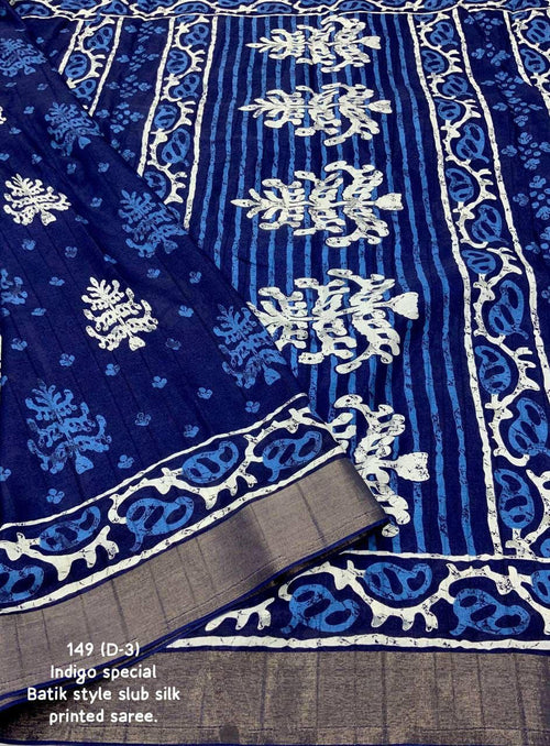 Indigo Slub silk batik saree