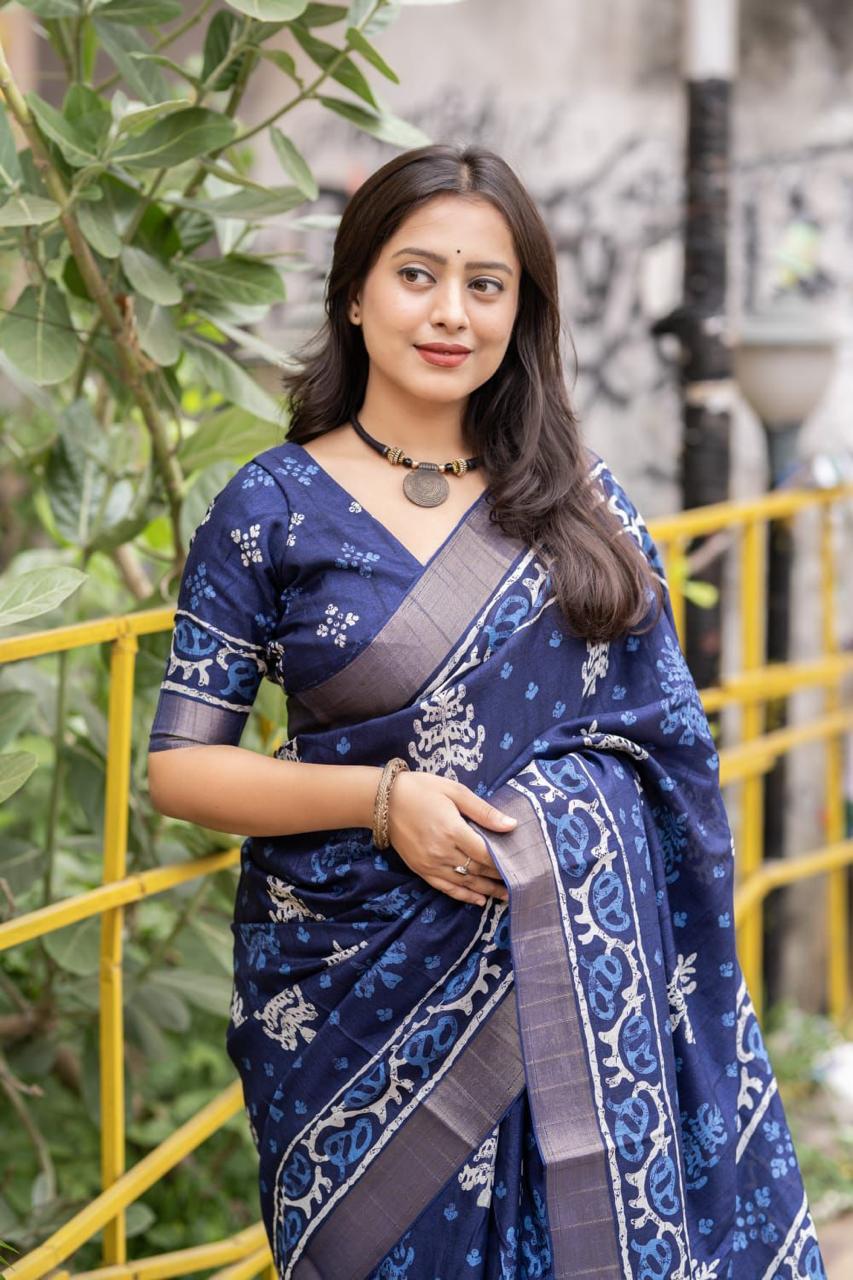 Indigo Slub silk batik saree