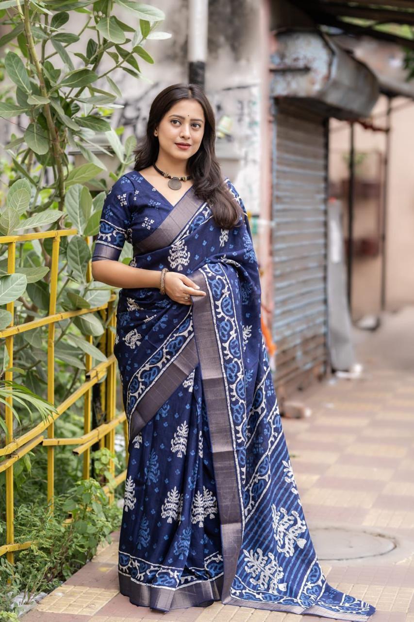 Indigo Slub silk batik saree