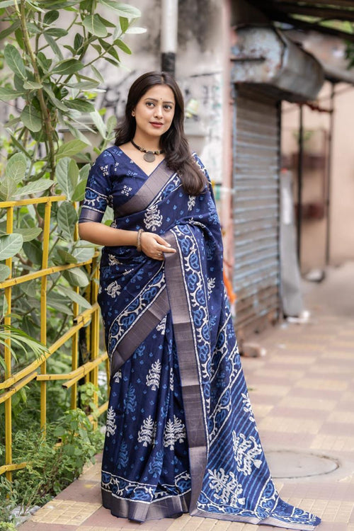 Indigo Slub silk batik saree