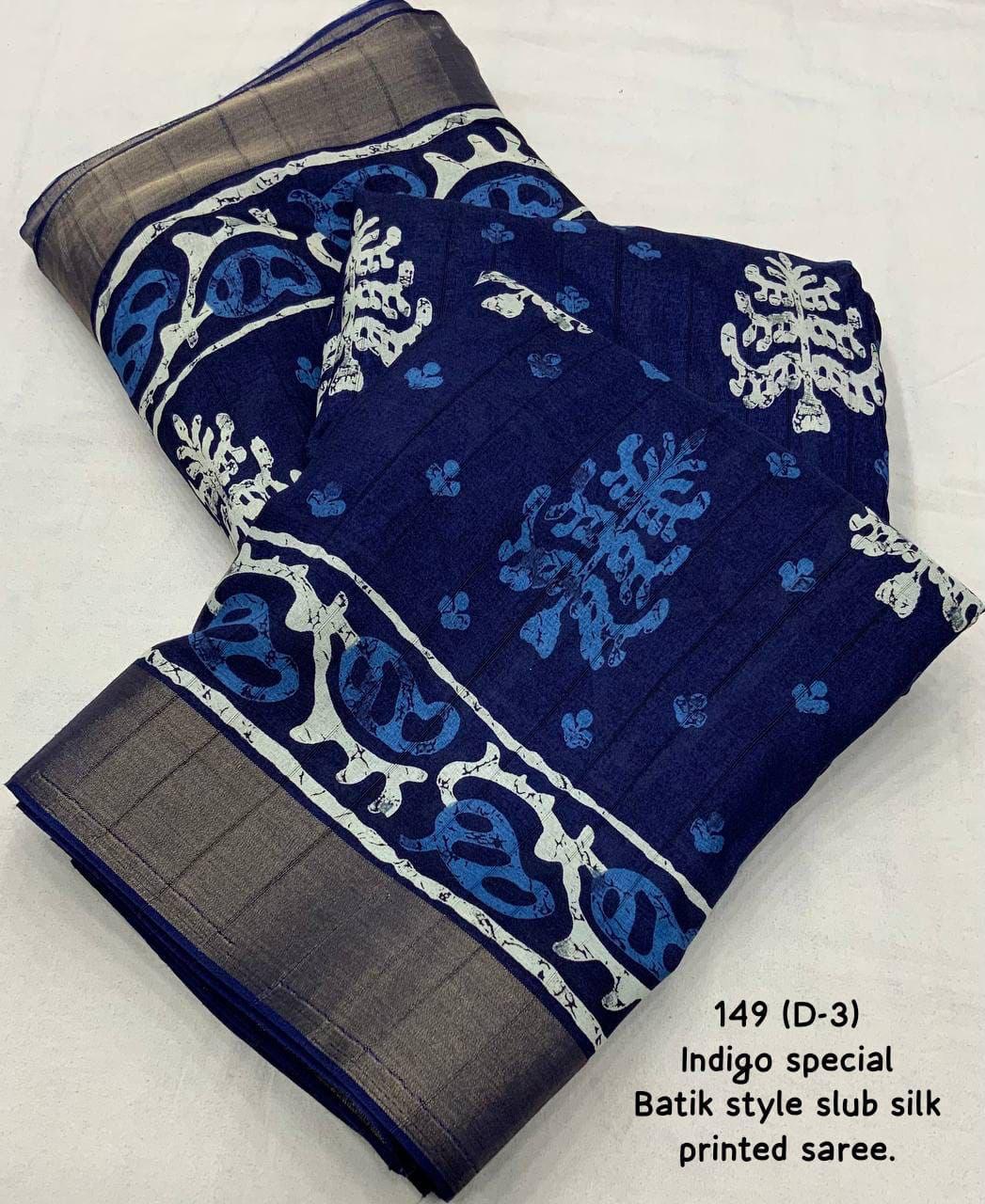 Indigo Slub silk batik saree