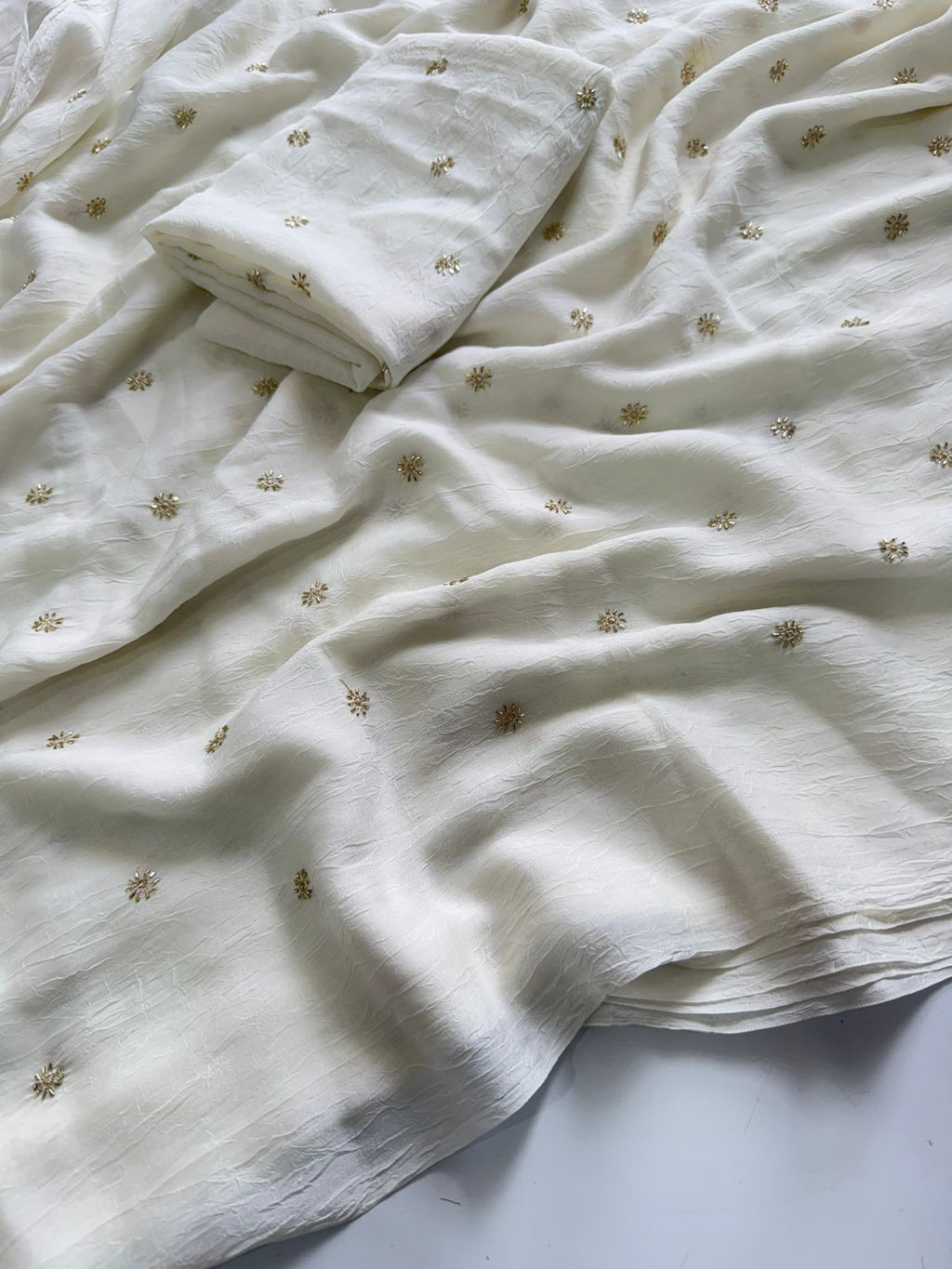 Off - White Rangoli Crush Sequence Bits Saree