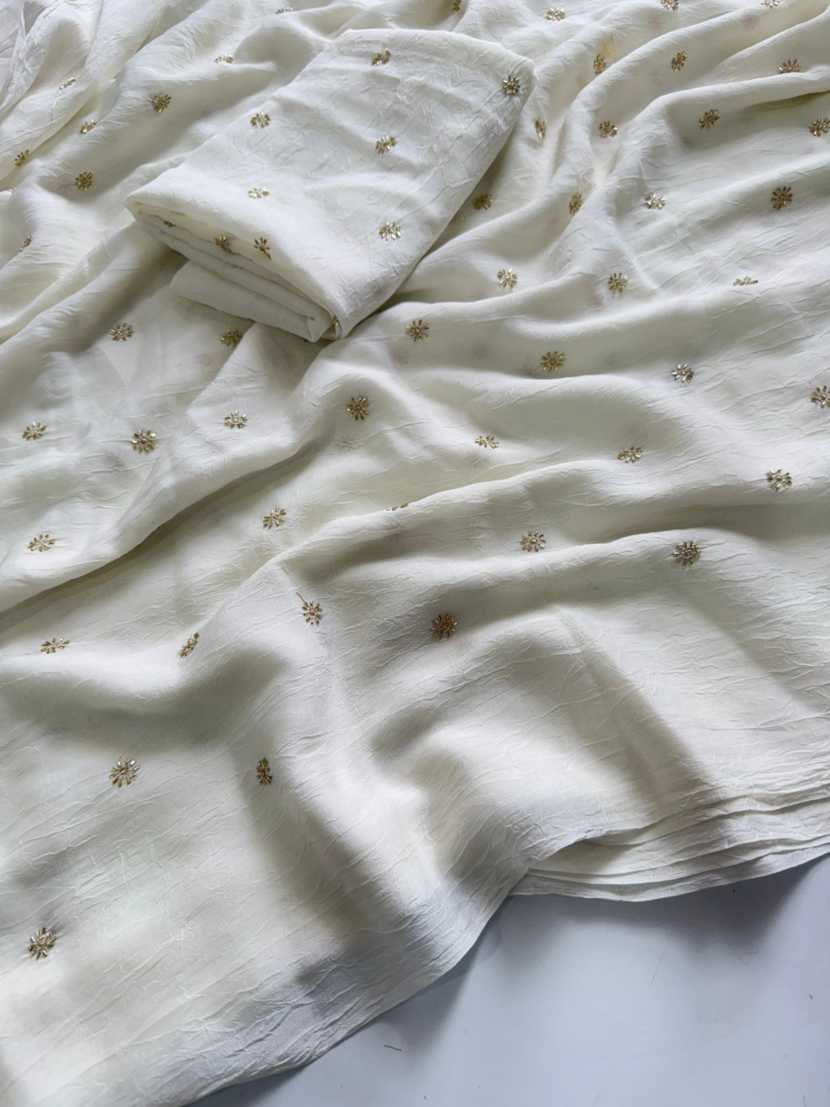 Off - White Rangoli Crush Sequence Bits Saree