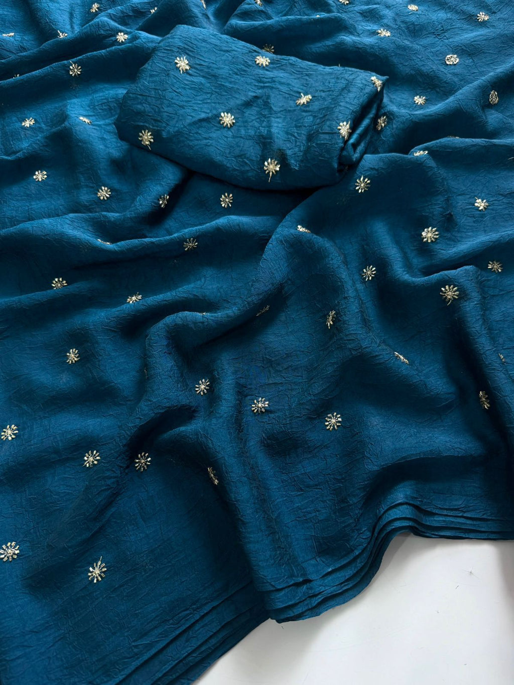 Petrol Blue Rangoli Crush Sequence Bits Saree