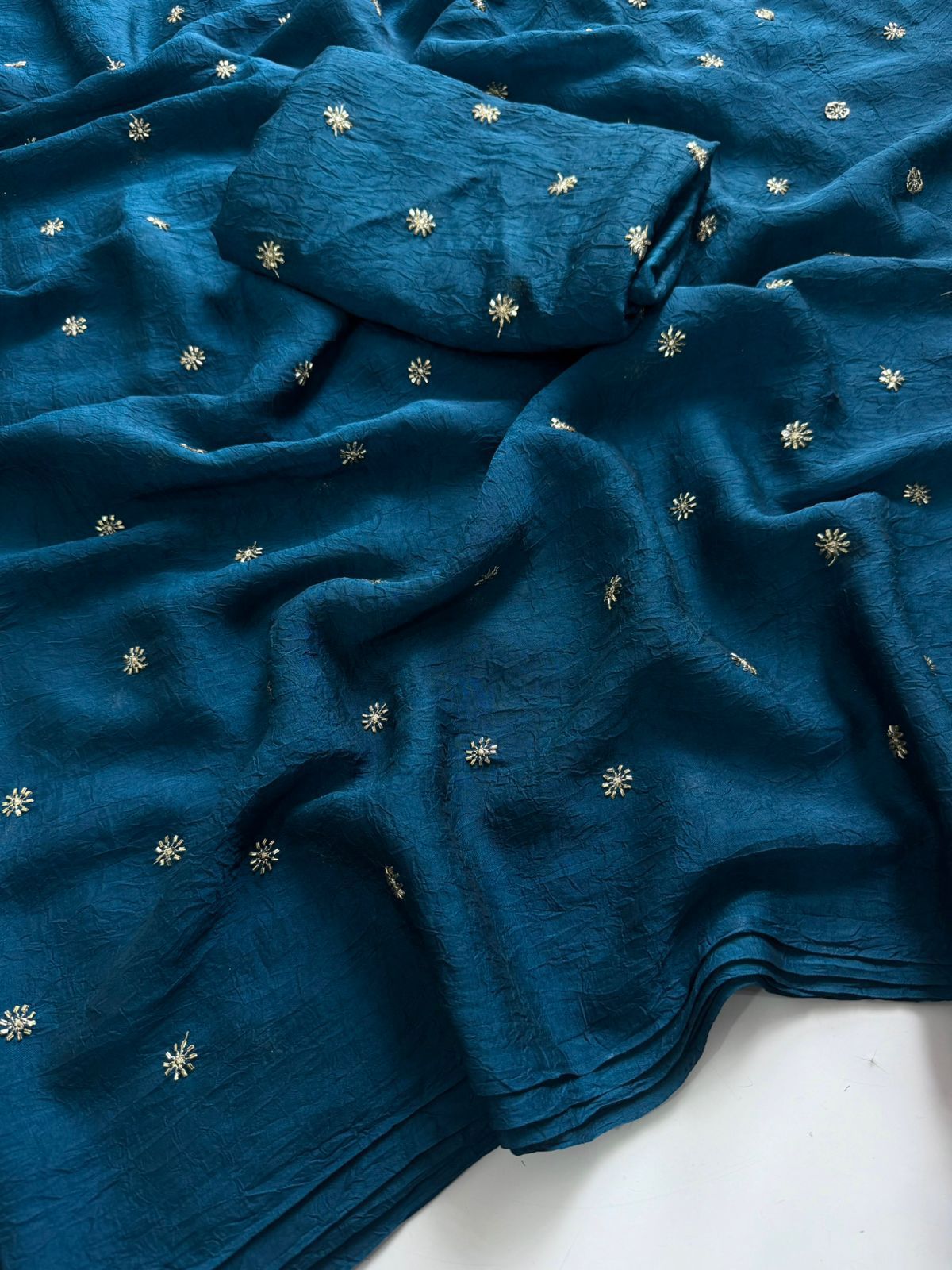 Petrol Blue Rangoli Crush Sequence Bits Saree